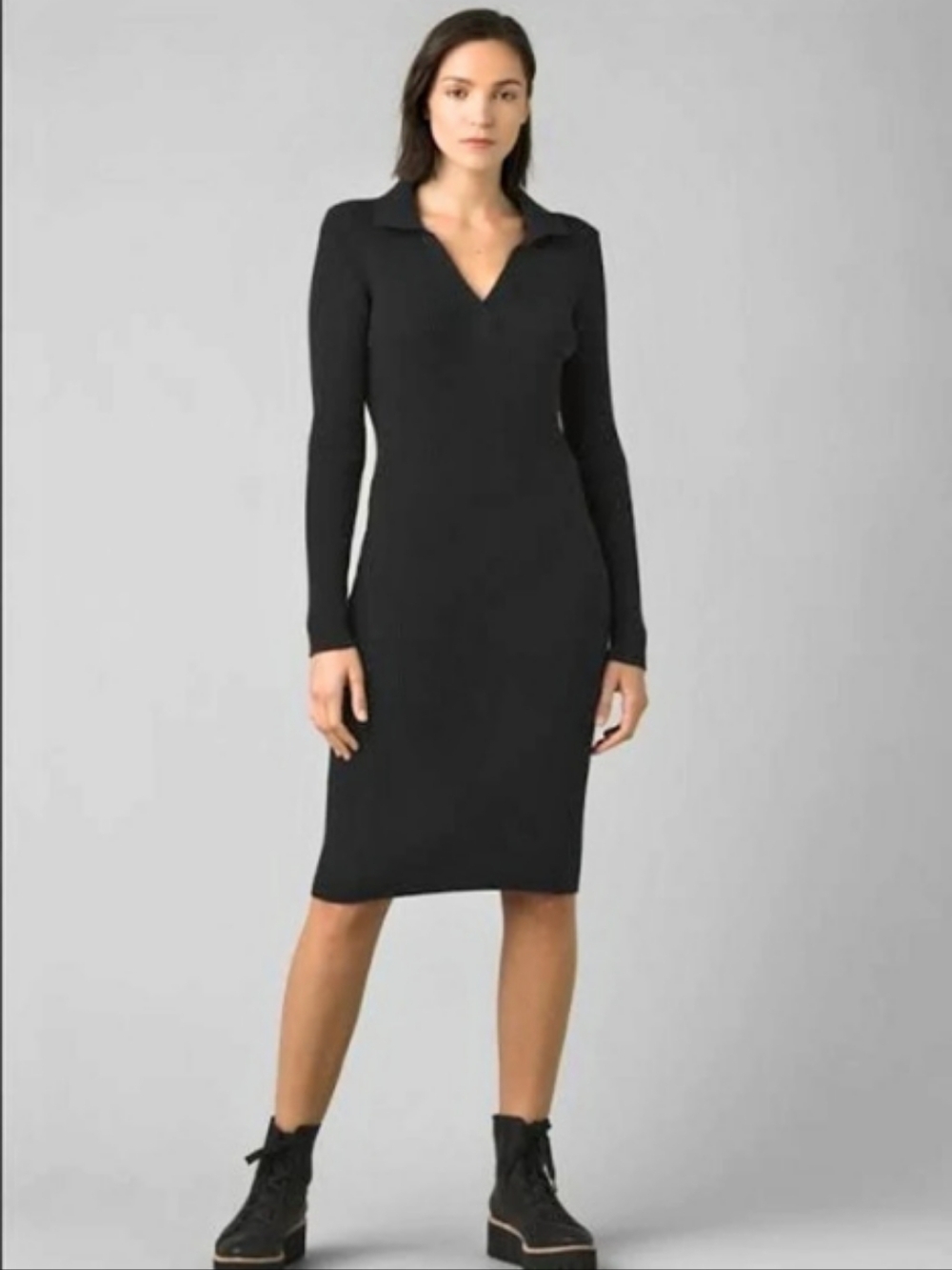 prAna Black Ribbed Polo Sweater Dress Long Sleeve Split V-Neck Midi Size Small